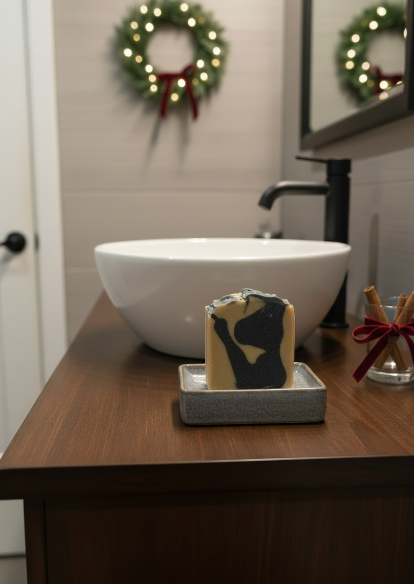 A decorative soap bar with a black cat silhouette design on a beige background, resting in a gray dish on a dark wood bathroom vanity next to a white vessel sink.