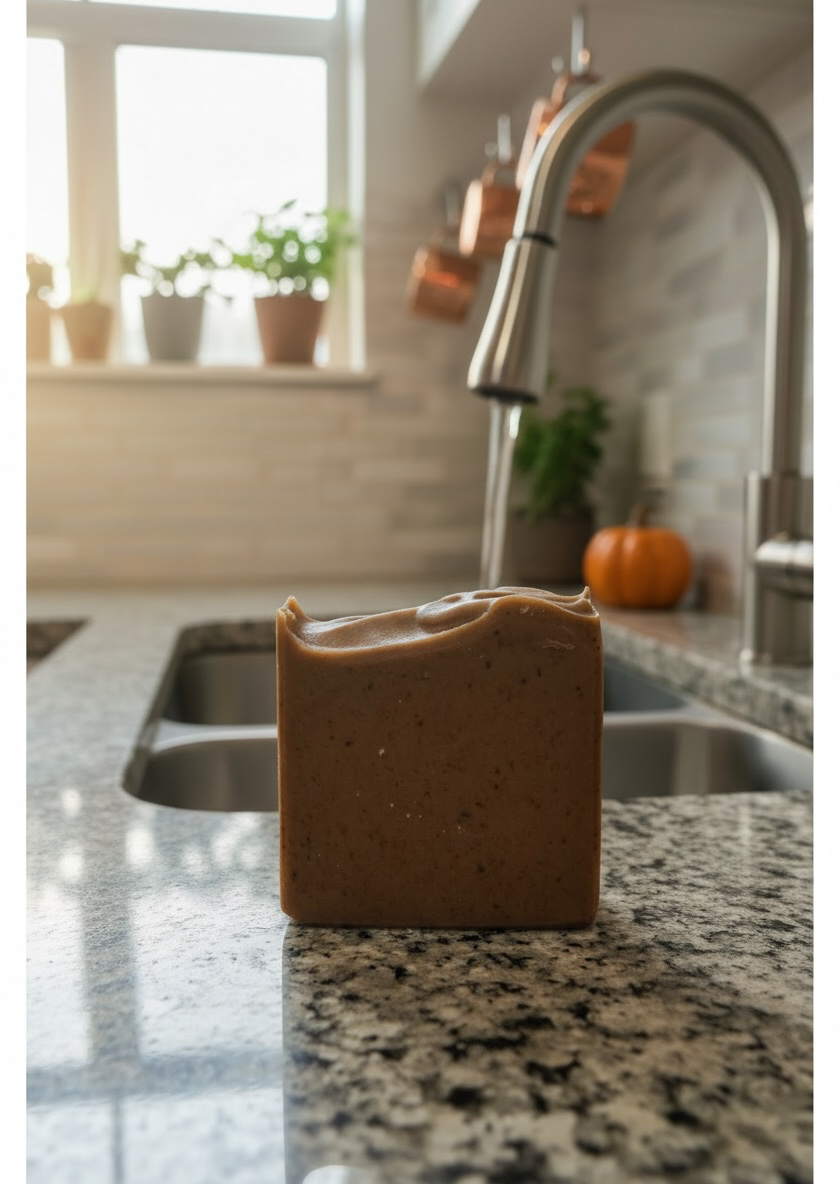 A rectangular bar of brown speckled soap sits on a granite kitchen countertop in front of a sink and faucet, with a softly blurred kitchen background.