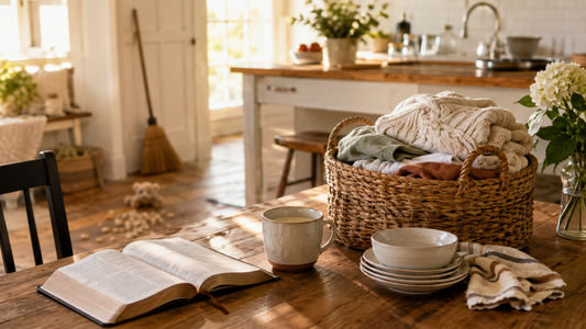 warm cozy kitchen with basket of laundry on table