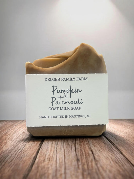 A bar of Delger Family Farm Pumpkin & Patchouli Goat Milk Soap sits on a rustic wooden surface against a neutral gray background. The soap is a warm pumpkin brown with a white paper label wrapped around the center, displaying the brand and scent name in black text.