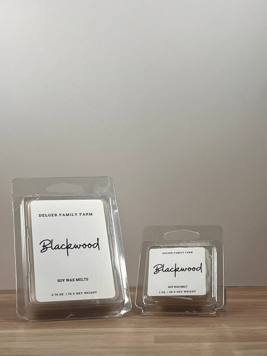 Small and large wax melt container sitting on wood. 