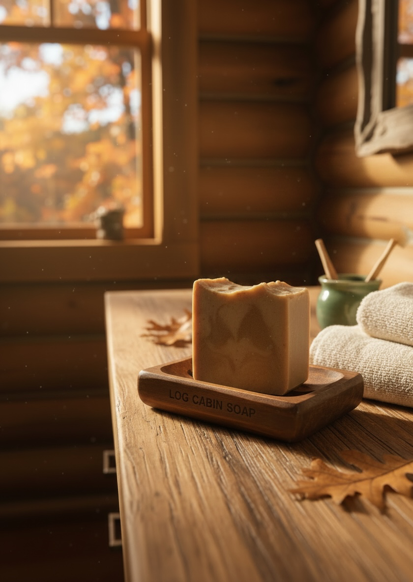 A rectangular bar of cream-colored soap resting on a wooden soap dish engraved with 'LOG CABIN SOAP'. The scene is set on a rustic wooden table inside a cabin, with a window showing warm autumn foliage in the background and a folded towel nearby.