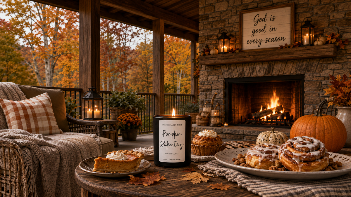 A lit candle labeled 'Pumpkin Spice Day' sits on a rustic table in a cozy fall porch setting with a stone fireplace, cinnamon rolls, pie, pumpkins, and autumn foliage visible outside.