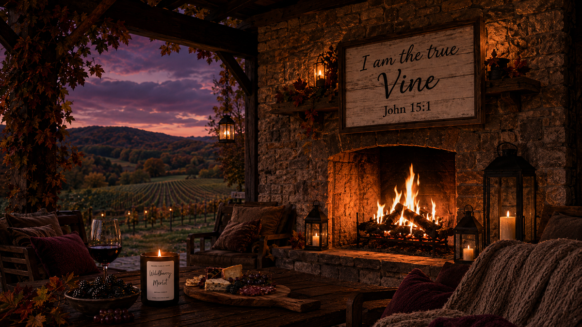 A cozy rustic outdoor patio at dusk with a stone fireplace burning brightly, a wooden sign reading 'I am the true Vine John 15:1' above the hearth, and a wine glass, candle, and charcuterie board in the foreground. No person is present, but this is not a clean isolated product shot; it is a styled real environment, so subject_type is Lifestyle.