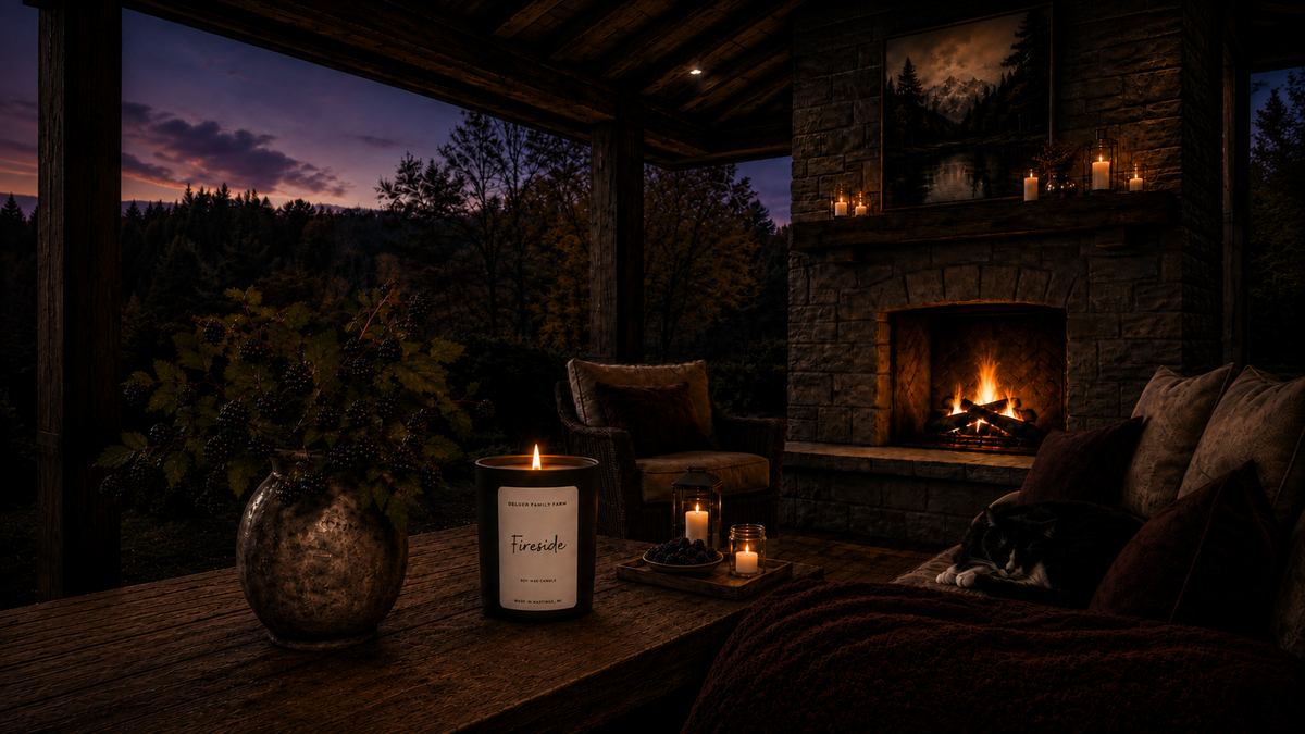 A cozy indoor scene on a wooden porch at dusk, with a lit candle in the foreground, a stone fireplace with candles, an armchair, and a sofa with pillows. The candle label reads 'Paisley'.