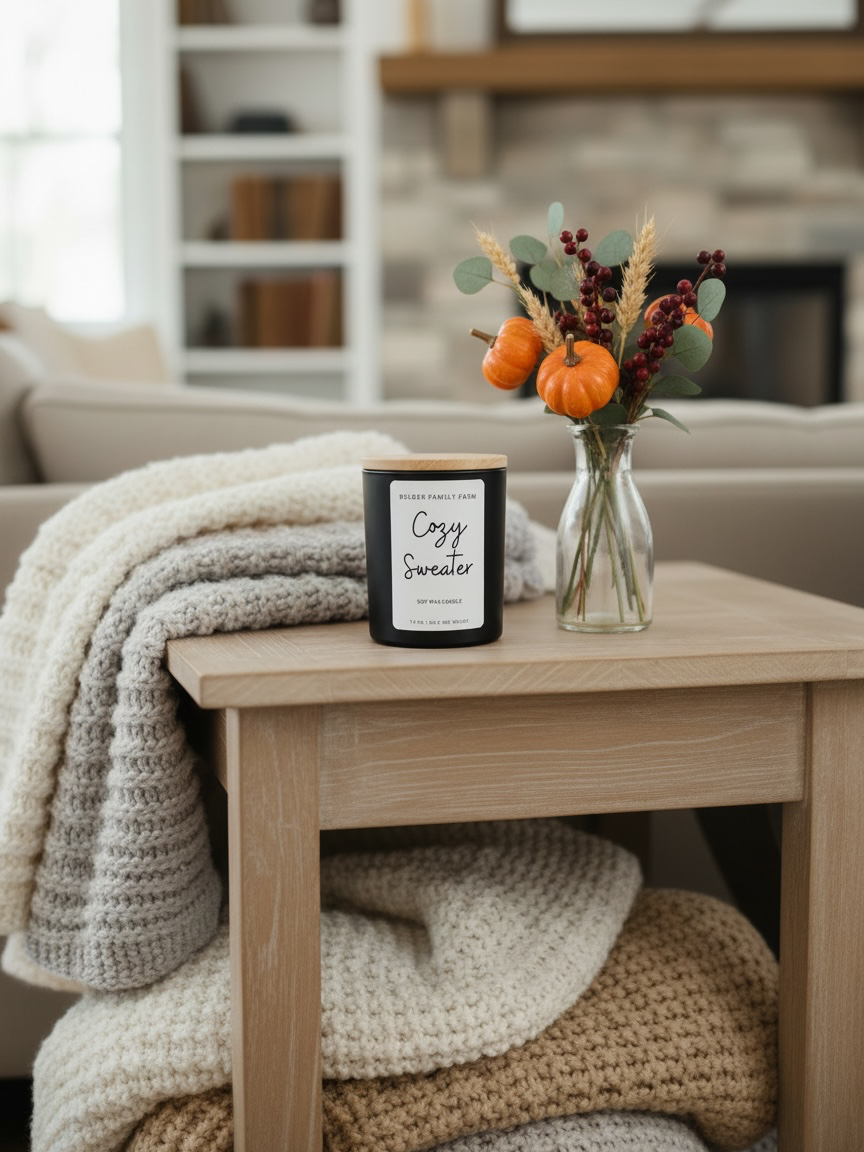 A black candle jar labeled 'Cozy Sweater' by The Candle Company, styled on a light wood side table next to a glass vase with autumn flowers, with cozy knit blankets draped over the table in a warm living room setting.