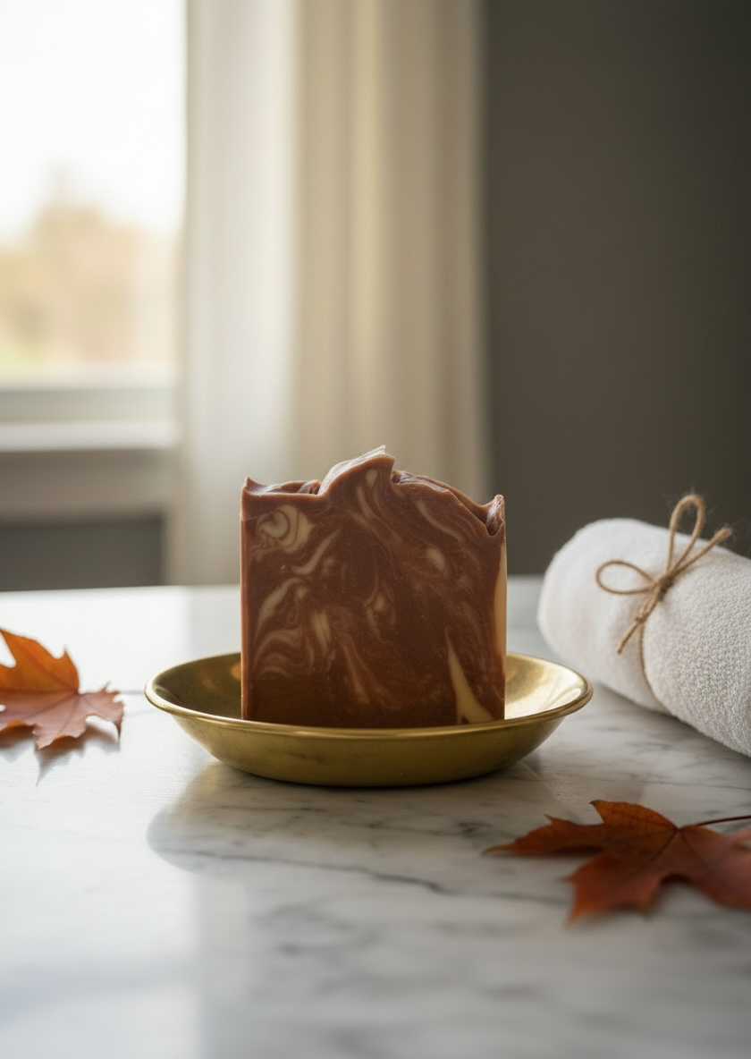 A rectangular bar of marbled brown and cream soap stands in a small gold dish on a marble surface, with autumn leaves and a rolled white towel nearby in a softly lit indoor setting.