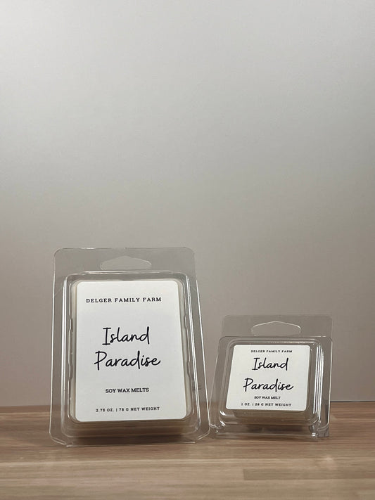 Small and large wax melt container sitting on wood. 