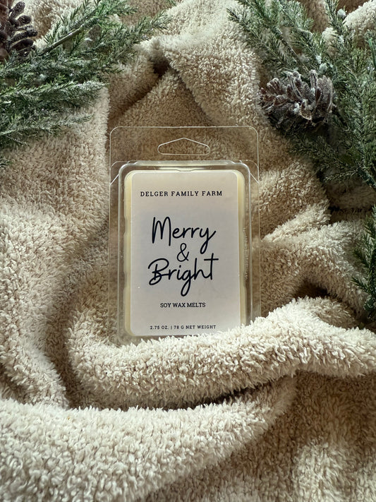 Delger Family Farm soy wax melts packaging on a textured beige surface with greenery and pinecones.