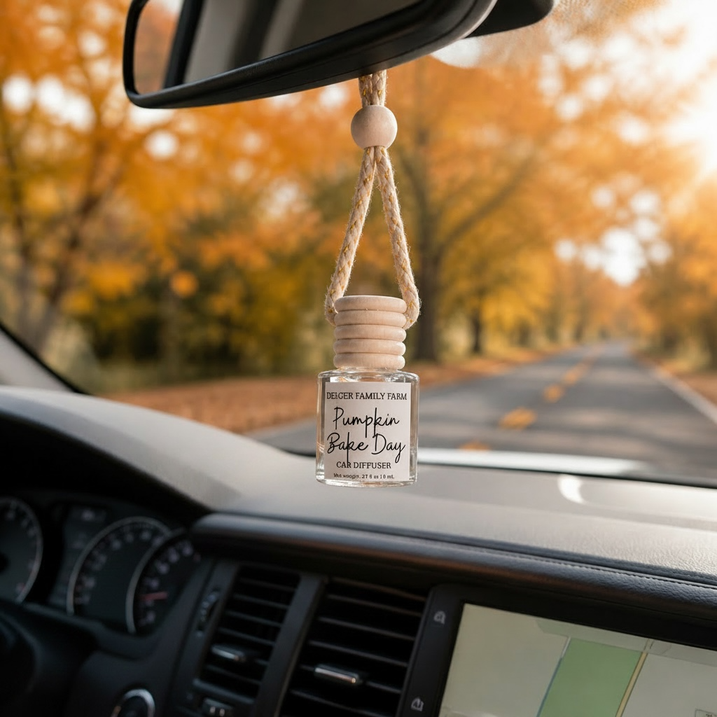 A clear glass car fragrance bottle with a beige rope hanger and wooden top, labeled 'Pumpkin Spice Day' by Color Family Farm, hanging in a car with a blurred autumn road scene outside.