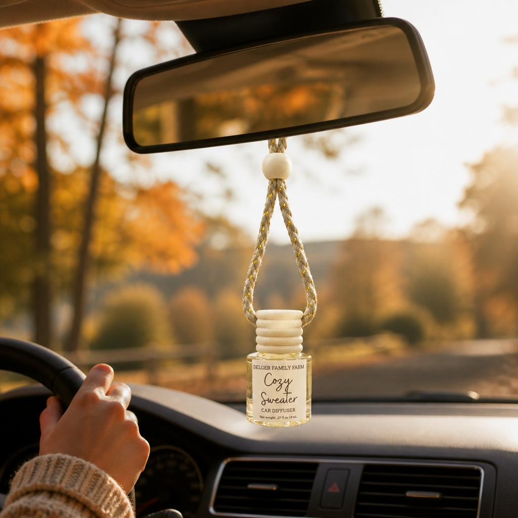 A car air freshener bottle labeled 'Cozy Sweetener' hanging from a rope from the rearview mirror inside a car, with a driver's hand on the steering wheel and an autumn forest background visible through the windshield.