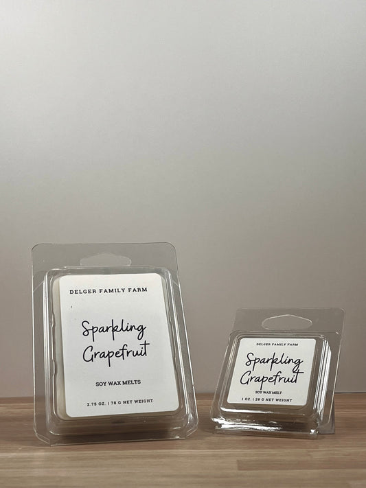Small and large wax melt container sitting on wood. 