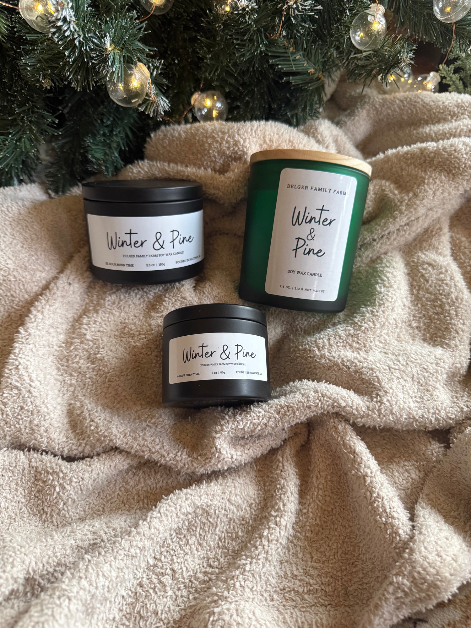 Three 'Winter & Pine' candles on a textured surface with a Christmas tree in the background.